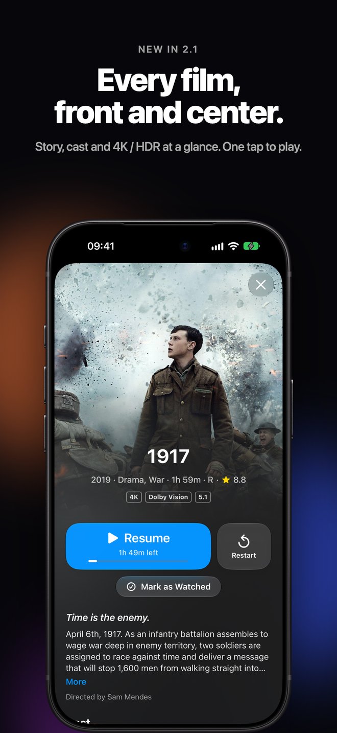Movie detail page in Koda with artwork, story and a big Resume button